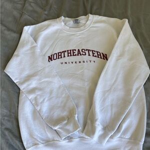 Gildan White Crewneck Sweatshirt with Maroon Northeastern Arch
